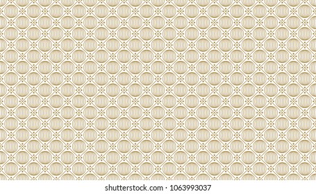 Golden geometric pattern, part 08. Seamless golden pattern with lines, spheres and circles on the white background. Can use for wrapping paper, textile and gift pack