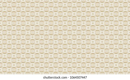 Golden geometric pattern, part 09. Seamless golden pattern with lines, spheres and rhombuses on the white background. Can use for wrapping paper, textile and gift pack