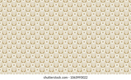 Golden geometric pattern, part 10. Seamless golden pattern with lines, circles and rhombuses on the white background. Can use for wrapping paper, textile and gift pack