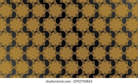 Golden geometric patterns arranged in symmetric shapes create a luxurious design on a dark background. The seamless pattern evokes elegance, symmetry, and traditional artistic craftsmanship