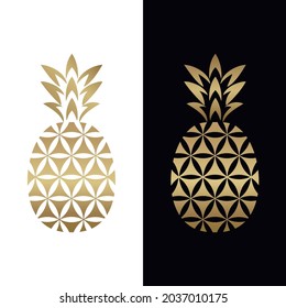 Golden geometric pineapple logo design to incorporate flower of life and pineapple incorporated in one. Abstract logo, symbol, emblem or icon of tropical fruit in golden color. Vector illustration.