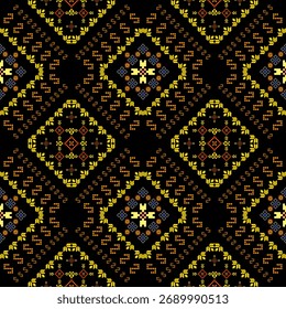 Goldenes geometrisches Pixel-Textilmuster auf schwarzem Hintergrund