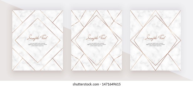 Golden geometric polygonal lines frames on the marble texture. Trendy templates for wedding invitation, banner, flyer, poster, greeting.
