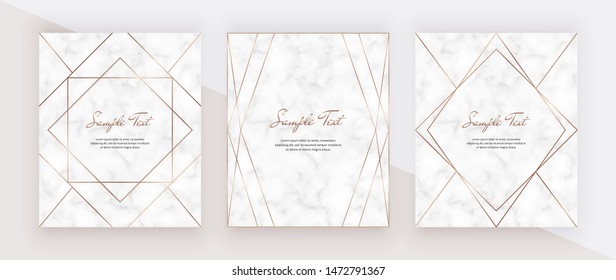 Golden Geometric Polygonal Lines Frames On The Marble Texture. Trendy Templates For Wedding Invitation, Banner, Flyer, Poster, Greeting.
