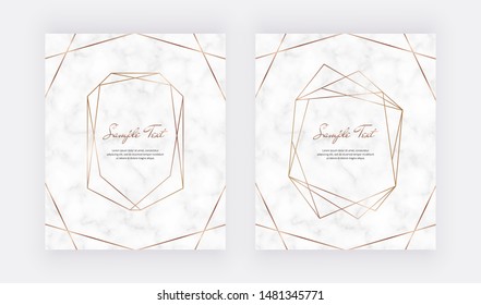 Golden geometric polygonal lines frames on the marble texture. Trendy templates for wedding invitation, banner, flyer, poster, greeting.
