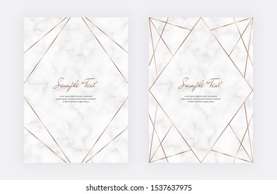 Golden geometric polygonal lines frames on the marble texture. Trendy templates for wedding invitation, banner, flyer, poster, greeting.
