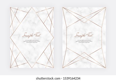 Golden geometric polygonal lines frames on the marble texture. Trendy templates for wedding invitation, banner, flyer, poster, greeting.

