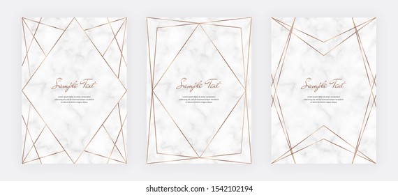 Golden geometric polygonal lines frames on the marble texture. Trendy templates for wedding invitation, banner, flyer, poster, greeting.
