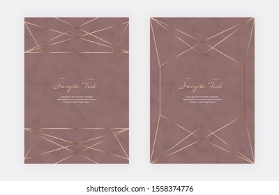 Golden geometric polygonal lines frames on the nude marble texture. Trendy templates for wedding invitation, banner, flyer, poster, greeting.
