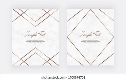 Golden Geometric Polygonal Lines Frames On The Marble Texture. Trendy Templates For Wedding Invitation, Banner, Flyer, Poster, Greeting.
