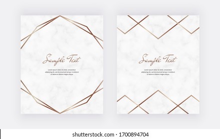 Golden geometric polygonal lines frames on the marble texture. Trendy templates for wedding invitation, banner, flyer, poster, greeting.
