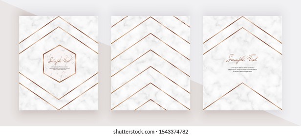 Golden geometric polygonal lines on the marble texture. Trendy templates for wedding invitation, banner, flyer, poster, greeting.
