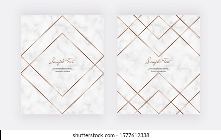 Golden Geometric Polygonal Lines  On The Marble Texture. Trendy Templates For Wedding Invitation, Banner, Flyer, Poster, Greeting.
