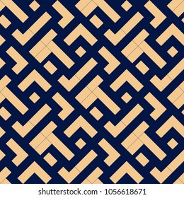 Golden geometric print on dark blue background. Seamless pattern for web, textile and wallpapers