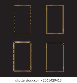 Golden geometric rectangular frames in art deco style. Design elements for wedding invitation. Linear vector frames isolated on black background.