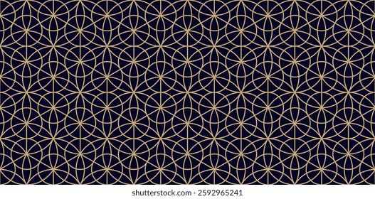 Golden geometric seamless pattern with floral silhouettes, curved lines, hexagons, triangles, circles, lattice, grid. Abstract linear black and gold luxury vector background. Design in oriental style