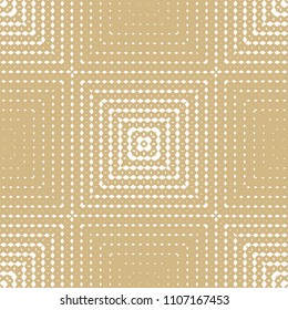 Golden geometric seamless pattern with halftone square tiles. Vector gold and white background with small rhombuses, lines, square grid. Stylish modern design for decoration, curtain, fabric, print