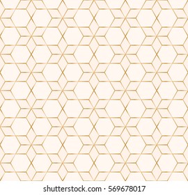 Golden geometric seamless pattern made from repeating outlined shapes including hexagons and rhombuses arranged in star shapes. Vector background design.