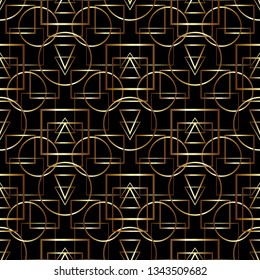 Golden geometric seamless pattern on black background.
