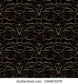 Golden geometric seamless pattern on black background.