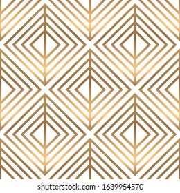 Golden geometric seamless pattern on white background. Art deco style.