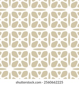 Golden geometric seamless pattern. Simple gold and white vector floral ornament. Abstract background texture with bold flower silhouettes, leaves, lattice, rounded shapes, tiles. Luxury repeat design