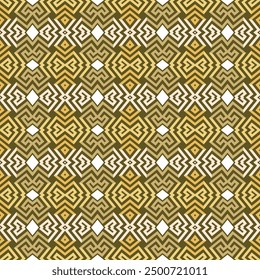 Patrón geométrico dorado sin fisuras con el meandro griego de estilo antiguo de la Grecia étnica tribal, rombo, Formas, líneas. Elegante fondo griego. Vector de adornos modernos. Diseño Abstractas.  Textura sin fin.