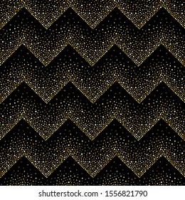 Golden geometric seamless repeat vector dot pattern. Zigzag, chevron gold foil ornamentation, made of round spots, glittering spangles, uneven dots, sparks, hand drawn beads. Border template.