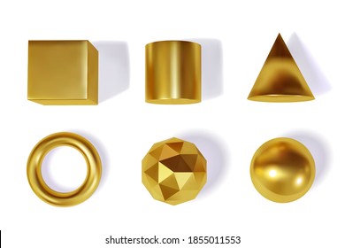 Golden Geometric Shapes. 3d simple metallic objects, geometric elements, sphere and torus, donut and cone, minimalist forms. Vector set