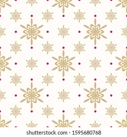 Golden geometric snowflakes pattern. Luxury vector Christmas seamless texture with small gold snowflakes and red dots on white backdrop. Winter holidays background. Repeat design for decor, gift paper