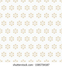 Golden geometric snowflakes seamless pattern. Luxury vector Christmas background with small gold snow flakes on white backdrop. Winter holidays texture. Elegant design for decor, print, package, web