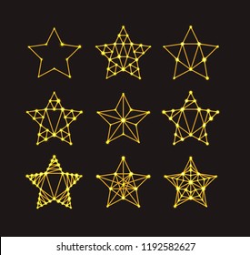 Golden geometric stars in the art deco style, varying degrees of detail. Modern design. Vector illustration