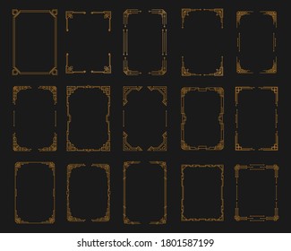 Golden geometric template in style of 1920s, artdeco corners for borders and frames. Vintage art deco corner set. Invitation, greeting swirl elements, baroque ink artwork. Vector illustration,