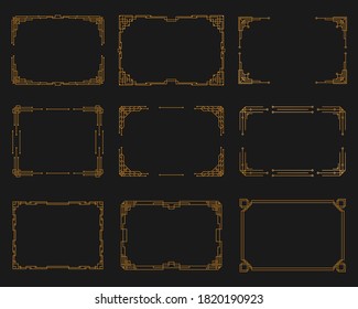 Plantilla geométrica de oro al estilo de los años 20, esquinas artísticas para bordes y marcos. Decoración Art Deco de época. Invitación, saludos de elementos giratorios, arte barroco de tinta. Ilustración del vector,