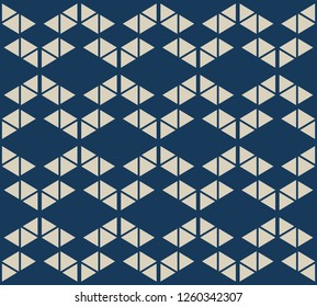 Golden geometric triangles seamless pattern. Simple vector gold and deep blue abstract texture with small triangles, diamond shapes, grid, net. Elegant graphic background. Stylish modern repeat design