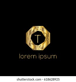 Golden geometric vector logo  frame for boutique, hotel, restaurant. Letter T luxury monogram