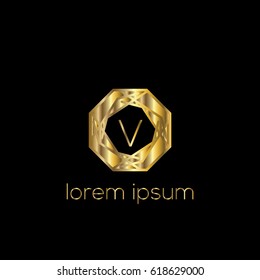 Golden geometric vector logo  frame for boutique, hotel, restaurant. Letter V luxury monogram