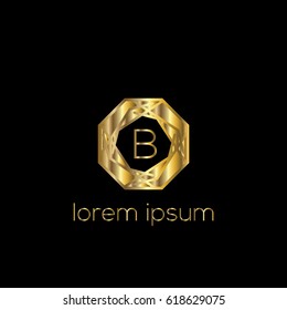 Golden geometric vector logo  frame for boutique, hotel, restaurant. Letter B luxury monogram