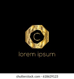 Golden geometric vector logo  frame for boutique, hotel, restaurant. Letter C luxury monogram