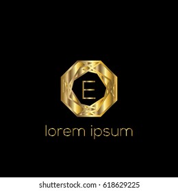 Golden geometric vector logo  frame for boutique, hotel, restaurant. Letter E luxury monogram