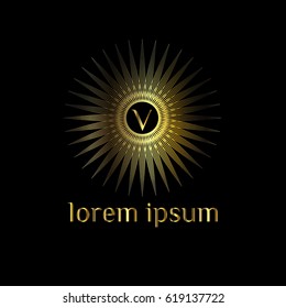 Golden geometric vector logo  frame. Letter V luxury monogram