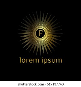 Golden geometric vector logo  frame. Letter F luxury monogram