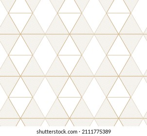 Golden geometric vector seamless patterns. Golden lines, triangles and rhombuses on a white background. Modern illustrations for wallpapers, flyers, covers, banners, minimalistic decorations
