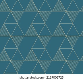 Golden geometric vector seamless patterns. Golden lines, triangles and rhombuses on an emerald green background. Modern illustrations for wallpapers, flyers, covers, banners, minimalistic decorations