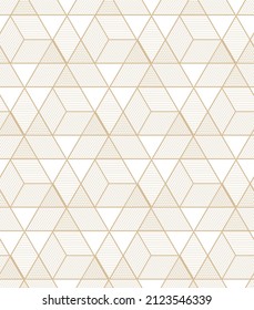 Golden geometric vector seamless patterns. Golden lines, triangles and rhombuses on a white background. Modern illustrations for wallpapers, flyers, covers, banners, minimalistic decorations