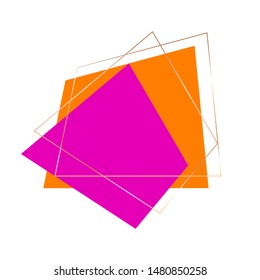 Golden geometrical frames and orange, pink quadrangles on a white background. Vector design template for banner, card, cover, invitation.