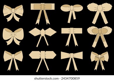 Golden Geometry Present Bow with Ribbon set. Gold Gift Bow isolated black background. Collection Birthday Ribbon in trendy flat style. Vector illustration EPS 10 Editable stroke.