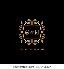 Golden GH Initial logo. Frame emblem ampersand deco ornament monogram luxury logo template for wedding or more luxuries identity
