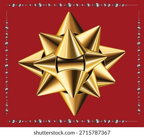 Arco de regalo de oro sobre fondo rojo con borde de cuentas de plata, perfecto para Navidades, regalos de Festiva, celebraciones u ocasiones festivas