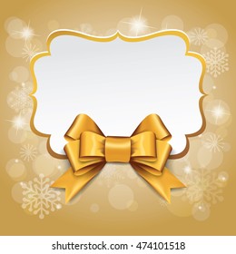 Golden gift bows. Gift card with gold ribbon and satin gold bow. Vector for greeting card, bows, new year, gift. on Gold background.